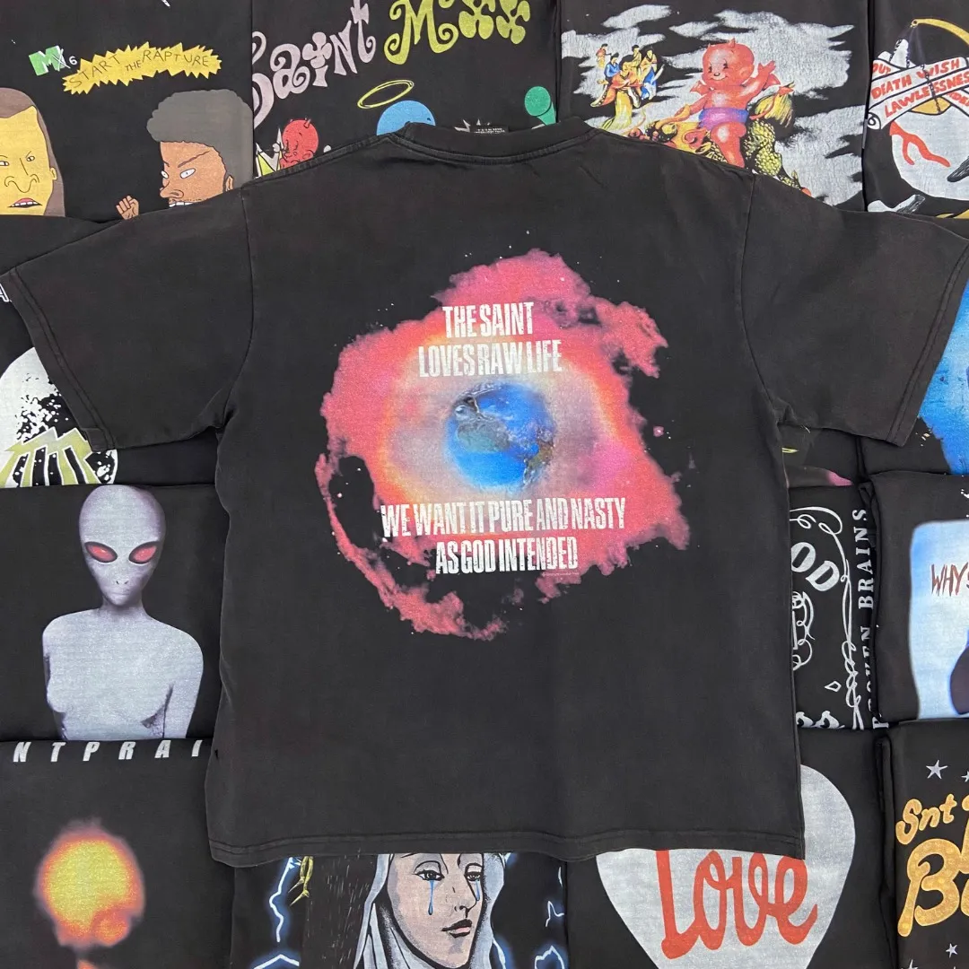 Saint Michael series of new American retro washed and distressed niche printed pure cotton loose short-sleeved T-shirts with digital white ink direct injection, breathable fabrics and three-dimensional and clear patterns. Fabric: Double yarn 240g Size: S-M-L-XL